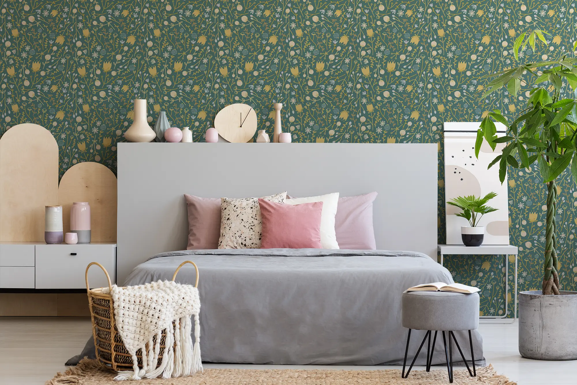 Modern Nordic wallpaper feature wall installation in a Minnesota home